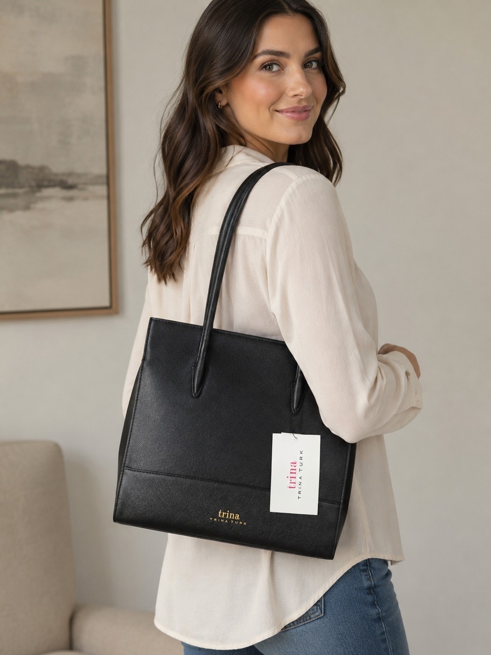 🔥 Trina Turk Black Leather-like Tote Bag, New with Tags, 12" x 11" x 4"